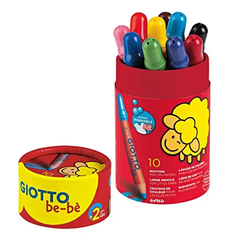 GIOTTO be-bè Jumbo-Farbstift, auswaschbare Farbstifte, Jumbo Mine, 7 mm, Runddose aus Karton, 10 sortierte Farben