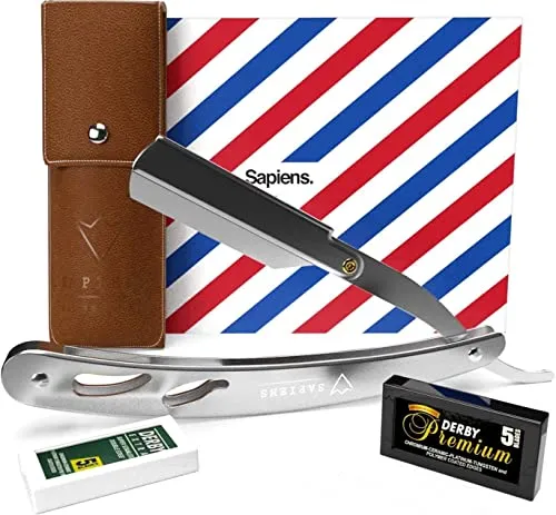 Sapiens Barbershop Rasiermesser Herren mit Weschelklinge - Bart Rasierer Herren - Barber Rasierer + Derby Rasierklingen + Tragetasche - Single Blade Razor Silber Edition