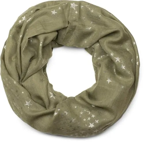 styleBREAKER Damen Loop Schal mit glitzerndem Metallic Sterne All Over Print Muster, Leichter Schlauchschal Einfarbig, Tuch 01016118, Farbe:Oliv