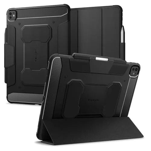 Spigen Rugged Armor Pro Hülle für iPad Pro 13 Zoll (2024) - Schwarz - Tablet-PC-Zubehör mit stilvollem Karbon-Akzent-Design und Air Cushion Technologie für optimalen Stoßschutz. Perfekt kompatibel mit Apple Pencil Pro und bietet einen stabilen Ständer für freihändiges Arbeiten.