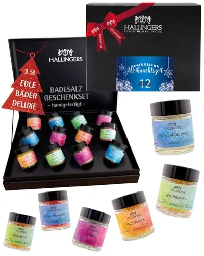 Hallingers Genuss Manufaktur Badesalz Geschenkset Weihnachten – 12 Badezusätze mit Totes Meer Salz in edler Geschenkbox, Wellness & Spa, festliche Geschenkidee für Frauen & für Männer zur Weihnacht