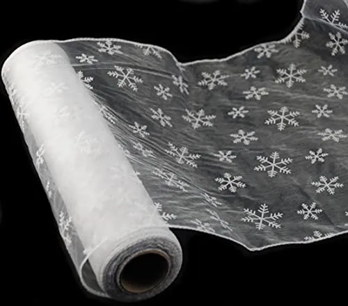 magic-man1001 Flocken Organza in weiß 35 cm x 20 m gekettelt mit Schneeflocken Tisch Deko Organza Dekostoff