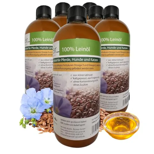 Liter ProFair Leinöl (6 x 1 Liter-Flasche) kaltgepresst, 100% aus Reiner Leinsaat, Erstpressung, ohne Zusätze, Einzelfuttermittel für Pferd, Hund und Katze 6