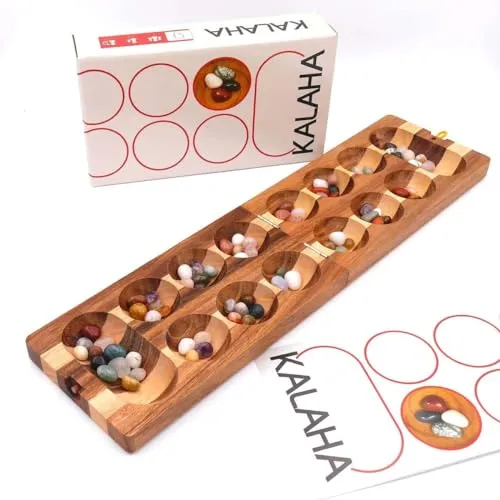 ROMBOL Denkspiele Kalaha - Hochwertiges Steinchenspiel - Gesellschaftsspiel für 2 Spieler, fördert logisches Denken und Feinmotorik mit edlen Halbedelsteinen, ideal für spannende Indoor-Spiele.