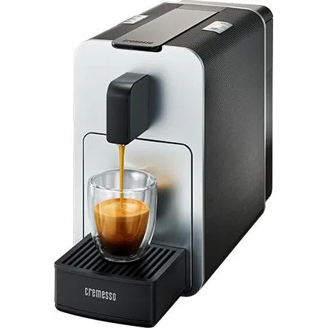 Cremesso Viva Elegante Frosted Silver - 1-Tassen-Kaffeemaschine mit 19 Bar Pumpendruck, die in nur 15 Sekunden einsatzbereit ist und ein intensives Kaffeearoma durch Vorbrühpause bietet.