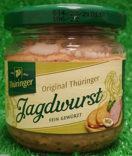 EWU Original Thüringer JAGDWURST 160g Glas - Getrocknetes & gepökeltes Fleisch, hochwertige Thüringer Jagdwurst im praktischen Glas, ideal für Snacks und Brotzeit.