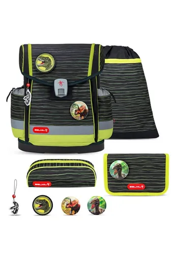 Belmil Classy Plus Schulranzen Set 5-teilig mit Brustgurt - Prehistoric Times - Ergonomisches Schulranzen-Set für die Grundschule, leicht und wasserabweisend. Ideal für 1. - 3. Klasse, geprüft von der Aktion Gesunder Rücken.