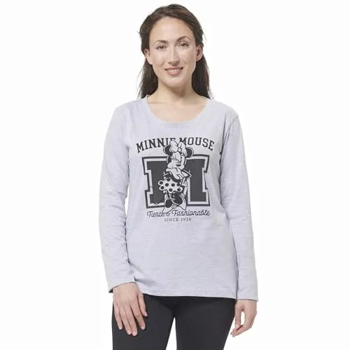 Disney Minnie Mouse Damen Schlafanzug - Bequemer Pyjama Set Grau/Schwarz - Bequemer Damen Schlafanzug mit langem Oberteil und Hose aus 100% Baumwolle. Ideal für warme Nächte, mit hochwertigem Druck und perfekter Passform. Hautfreundlich und kuschelig weich für besten Tragekomfort.