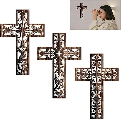 TTPSRY Handgefertigte Wandkreuze Set Aus Holz 3 Teilig Filigrane Verzierung Rustikales Design Dekorative Wanddekoration Christliche Symbole Für Wohnzimmer Und Schlafzimmer 150 Zeichen(Brown B)