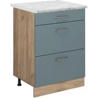 Vicco Unterschrank R-Line, Blau-Grau/Goldkraft Eiche, 60 cm AP Marmor - Unterschrank für die Küche mit Schubladen und höhenverstellbaren Füßen. Bietet viel Stauraum und eine stilvolle Arbeitsfläche - ideal für leidenschaftliche Köche und Hobbybäcker.