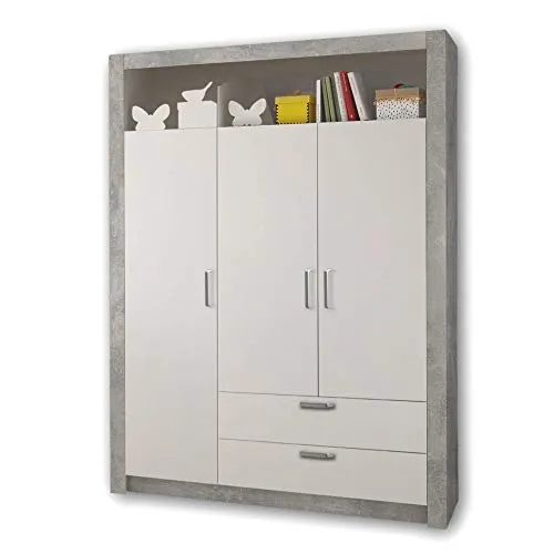 TIMO Eleganter Babyzimmer Kleiderschrank 3-türig - Vielseitiger Drehtürenschrank mit viel Stauraum in Beton-Optik, Weiß - 137 x 196 x 56 cm (B/H/T)