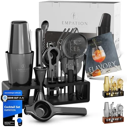 EMPATION Cocktail Set Schwarz - Testsieger 825ml - Cocktail-Sets mit Profi Boston Shaker aus hochwertigem Edelstahl, ideal für perfekte Cocktails und unvergessliche Abende. Inklusive Rezeptbuch und praktischem Bambus-Ständer für alle Utensilien.