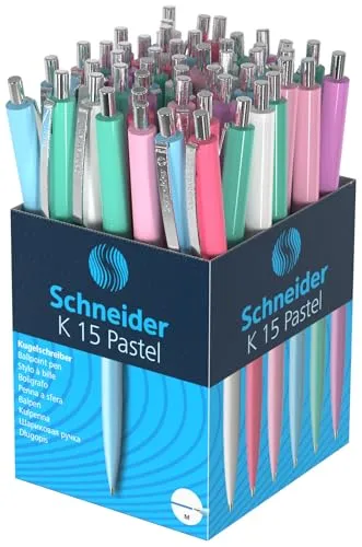 Schneider Kugelschreiber K 15 Pastell - 50 Stück - Druckkugelschreiber in Pastellfarben, nachfüllbar und dokumentenecht nach ISO 12757-2. Ideal für Schule und Büro, Made in Germany.