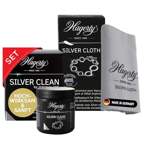 Hagerty Set Silver Clean Schmucktauchbad + Silver Cloth Schmuck Reinigungstuch für Silberschmuck und versilbertem Schmuck I Effektiver Schmuckreiniger und Poliertuch für erneuerten Glanz und Pflege