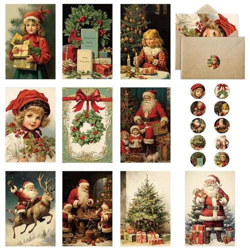 Huifengjie Weihnachtskarten mit Umschlag Set 20 Stück Vintage Nostalgisch | Weihnachtskarten Set A5 Christmas Cards Kleine Weihnachtskarten Weihnachtspostkarten, für Familie Freunde