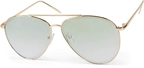 styleBREAKER Damen Piloten Sonnenbrille mit Glitzer Highlights im Glas, getönte Polycarbonat Gläser und Metall Gestell, Pilotenbrille 09020107, Farbe:Gestell Gold/Glas Grün