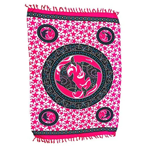 STONE art & more Bali Sarong, Pareo, mit Kokosnussschnalle, Bedruckt mit Delfinen, pink-schwarz, 100% Viskose, Premium Qualität