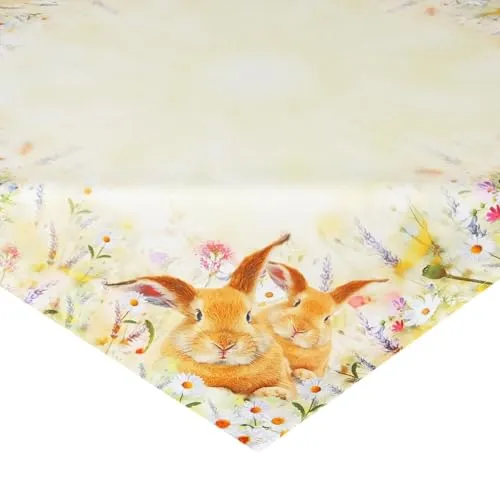 KAMACA Tischdecke Frühling Ostern Blumen Hasen Dekor Osterhasen Ostereier Osterdeko Hasenschule Bunt Waschbar Küche Esstisch Tisch Dekoration (85x85cm Hasen auf der Blumenwiese)