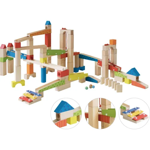roba Kugelbahn 100 teilig - Motorikspielzeug mit Geräuscheffekten - Kugelbahnen aus Holz, variabel aufbaubar und fördert Kreativität sowie Feinmotorik. Inkl. 20 Glasmurmeln und 80 Bausteinen für unendlichen Bauspaß!