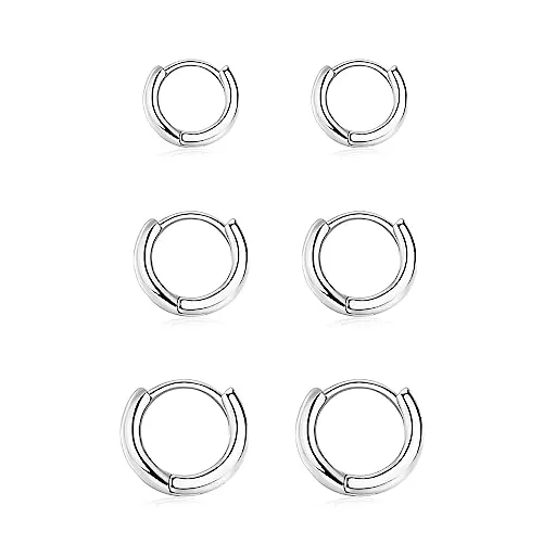 JASLILA Creolen Silber 925 Klein Ohrringe Set für Damen Mädchen, 3 Paar Helix Piercings Silber Ohrringe für Damen Herren Ohrringe Nase Lippenringe 8mm 10mm 12mm