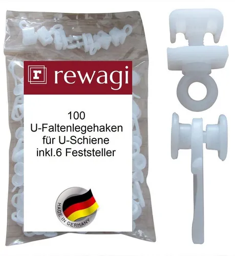 rewagi Gardinengleiter 100 U-Faltenrollen inkl. 6 Feststeller für U-Schiene - WRO, Gardinen, Vorhänge, Gardinen U-Schienen, (106-St., 106 Teile - (100 U-Faltenrollen & 6 U-Schienen Feststeller)