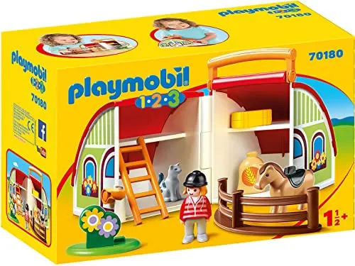 PLAYMOBIL 1.2.3 70180 Mein Mitnehm-Reiterhof mit Zaun, mit Tragegriff zum Zuklappen und Mitnehmen, ab 1,5 Jahre