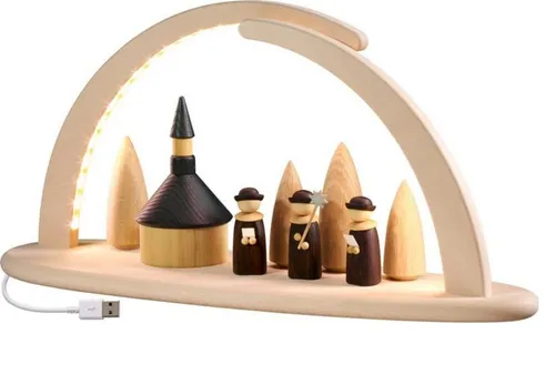Seiffener Volkskunst eG LED Schwibbogen Bogen groß Seiffener Kirche - Schwibbogen aus Holz, handbemalt, Höhe 21 cm, Breite 42 cm. Ein wunderschönes Geschenk mit USB-Stecker und einzigartigen Miniaturen für Sammler und Liebhaber traditioneller Kunst.