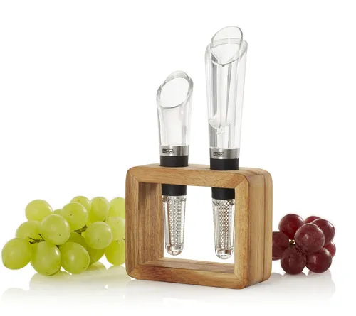 AdHoc Flaschenausgießer Wein-Genießer-Set Vine, 2-St. - Barzubehör mit tropffreiem Ausgießen, perfektes Geschenkset mit zwei Ausgießern und stilvollem Holzständer für Weinliebhaber.