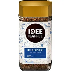 Idee Kaffee GOLD EXPRESS löslicher Kaffee, 200g - Kaffee in 100% Arabica-Qualität, mild im Geschmack und einfach zuzubereiten. Genießen Sie das harmonisch ausgewogene Aroma des Spitzenkaffees mit vollem Koffeingehalt.