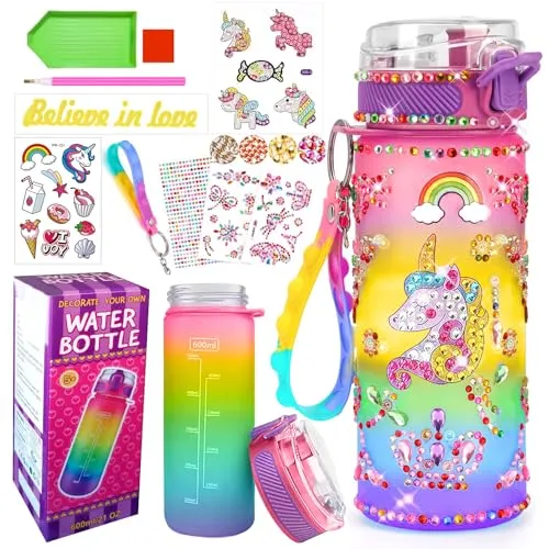 PUWOWYE Einhorn Geschenke für Mädchen 5 6 7 8 9 10 Jahre, Trinkflasche Bastelset Kinder ab 6 8 10 11 Jahre DIY Wasserflasche Basteln Diamond Painting Kinder Geburtstag Spielzeug Mädchen 4-12 Jahre