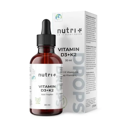 nutri+ Vitamin D3 + K2 Tropfen 1000 IE – veganer Zweifachkomplex mit MCT-Öl – hochdosiert mit 25 µg Vitamin D3 & 20 µg Vitamin K2 pro Tropfen – 30 ml für ca. 2,5 Jahre