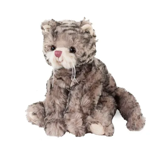 Bukowski Kuscheltier Katze grau getigert mit rosa Nase 25 cm Maciek - Die 25 cm große grau getigerte Katze Maciek von Bukowski ist ein kuscheliger Begleiter mit langen Schlenkerbeinen und einer eleganten rosa Satinschleife. Ideal zum Spielen und Kuscheln für Kinder jeden Alters.