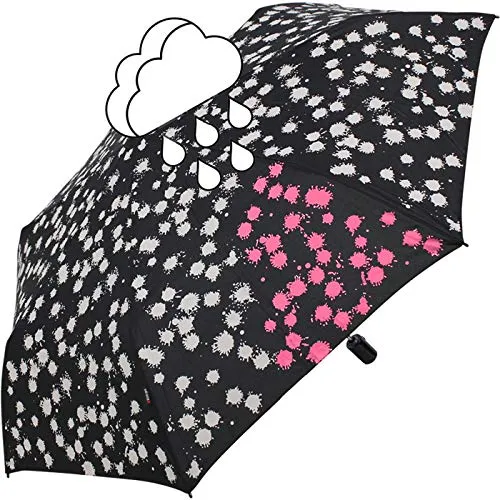 Knirps Slim Duomatic Taschenschirm - Paint Drops Wet Print Pink - Eleganter Damen Taschenschirm mit Farbwechseleffekt: Das Design wechselt bei Nässe von Schwarz-Weiß zu auffälligem Pink. Mit Auf-Zu-Automatik und nur 260g ideal für die Handtasche.