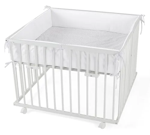 WALDIN Baby Laufgitter/Laufstall ca. 100 x 100 cm, BUCHE MASSIV, höhen-verstellbar, 2 Modelle wählbar, Holz weiß lackiert, Stoff weiß/Punkte grau