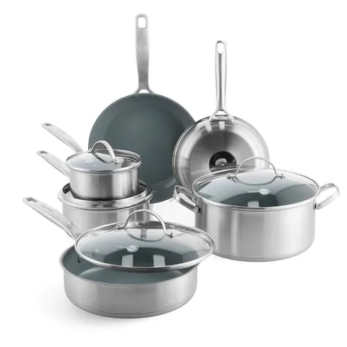 GreenPan Treviso Edelstahl Gesunde Antihaftbeschichtung aus Keramik 10-teiliges Kochgeschirr-Set, inkl. Bratpfannen, Sautierpfanne, PFAS-frei, Induktion, backofenfest, spülmaschinenfest, Silber