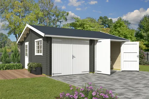 Garage Satteldach 44 mm Falkland mit Holztor grün 595x595 cm - Gartenhäuser, Geräteschuppen & Carports – Robuste Blockbohlenkonstruktion mit abschließbarem Holztor und großzügiger Nutzfläche von 32,1 m², ideal für Ihre Fahrzeuge und Gartenutensilien.