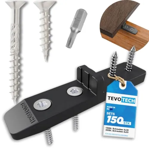 TEVOTECH Terrassenverbinder SET 150 Stück mit Edelstahl-Schrauben - Hochwertige Terrassenverbinder aus korrosionsbeständigem Kunststoff für unsichtbare Befestigung von Terrassendielen. Langlebig und schützend gegen Witterungseinflüsse, ideal für stilvolle Terrassenlösungen.