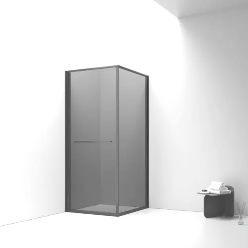 Belvit Duschkabine 90 x 90 cm, Schiebetür nach innen öffnend, ESG Sicherheitsglas 6 mm, Anti Kalk Beschichtung, platzsparend reversibel links rechts, Rahmen aus Aluminium, Rauchglas, Mattschwarz