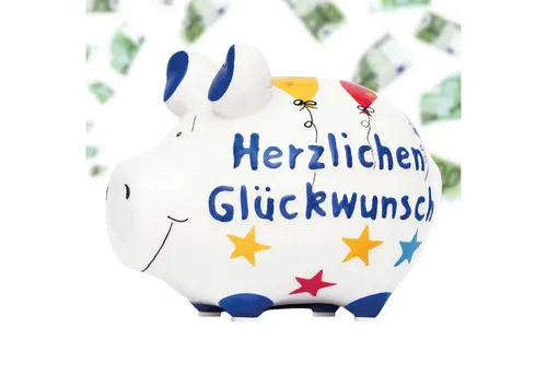 matches21 HOME & HOBBY Spardose Lustige Spardose Sparschwein HERZLICHEN GLÜCKWUNSCH bunt 12,5 cm, Keramik Kinder Erwachsenen Sparbüchse - Gummistopfen zum Öffnen