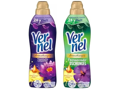 VERNEL Weichspüler-Set 2x 37 Waschladungen (74WL) Aromatherapie 1x Faszinierender Dschungel & 1x Traumhafte Lotusblüte, langanhaltender Wäscheduft mit ätherischen Ölen für 24/7 Frische