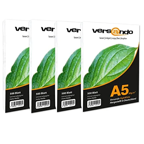 versando 20.000 Blatt Papier DIN A5 HighWhite 80 Druckerpapier Universalpapier Kopierpapier hochweiß (148 x 210 mm) 4 Kartons