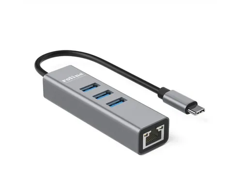 ROLINE USB Typ C zu Gigabit Ethernet Konverter + Hub 3x Computer-Adapter USB Typ C (USB-C) Männlich (Stecker) zu RJ-45 Weiblich (Buchse), 10.0 cm