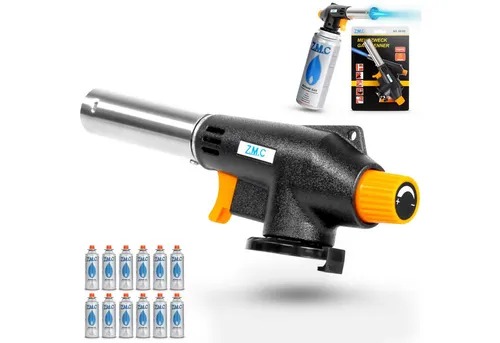 ZMC Flambierbrenner Gasbrenner Gasanzünder Lötbrenner mit Piezozündung + Gaskartuschen, (Temperatur von bis zu 1300 ° C, Einstellbare Flamme, Piezo-Zündung, Kohleanzünder Flambierbrenner Butangasbrenner, 12-tlg), Brenneraufsatz Gasbrenner Flambiergerät Lötbrenner Gasanzünder