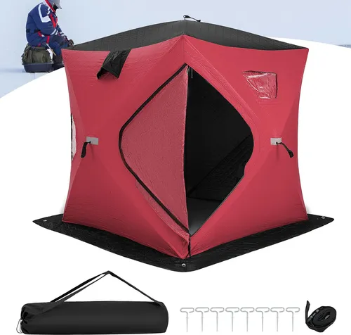 COSTWAY Pop-up-Eisangelzelt, tragbare Eisschutzzelt für 1-2 Personen mit gepolsterten Baumwollwänden, Fenstern, Reißverschlusstür & Tragetasche Rot