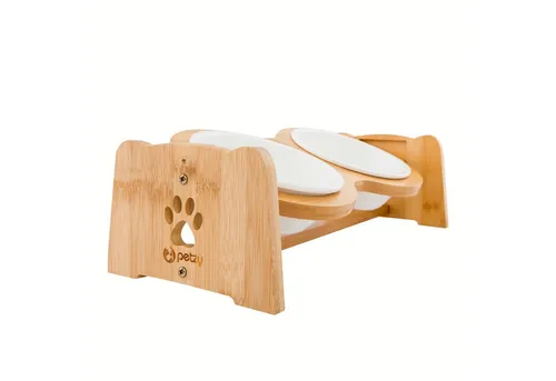 Petzy Napf-Set Premium für Katzen und Hunde - Erhöhtes und verstellbares Napf-Set aus Keramik, ideal für bequemes Fressen. Mit zwei Näpfen (350-1200 ml) und abwischbarer Silikonunterlage.