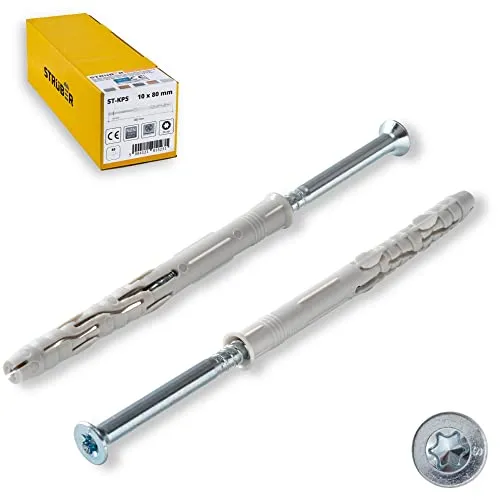 STRÜBER Rahmendübel mit Senkkopfschrauben Torx (10x140 mm / 50 Stück) Fensterrahmendübel - Langschaftdübel - Spreizdübel - Wandrahmenbefestigung - Nylondübel mit TX Schrauben - ETA Zulassung