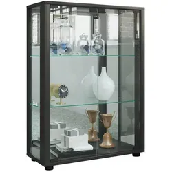 VCM Glasvitrine Sintalo mit Spiegel, stehend, schwarz - Vitrine für Schmuckpräsentation, aus Sicherheitsglas mit 2 höhenverstellbaren Fachböden und Spiegel, ideal zum Schutz vor Staub und Schmutz.