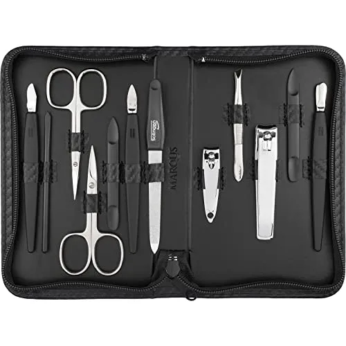 Solingen Manikür Set 12 teilig - Nagelset Herren und Damen, alles was man für die Maniküre und Pediküre braucht, in Kunstleder Etui mit Karbonoptikschicht