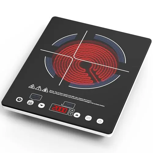 VBGK Glaskeramikkochfeld,220V 2000W Tragbar Glaskeramik Kochfeld Elektroherd, Einzelbrenner Elektrokochfeld LED-Touch-Steuerung, 10 Leistungsstufen, Kindersicherung und Timer, Überhitzungsschutz