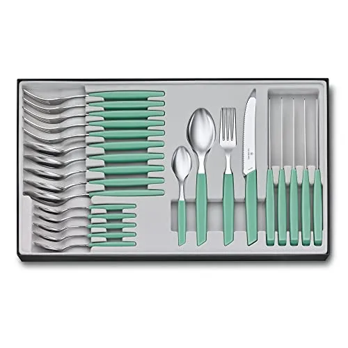 VICTORINOX Swiss Modern Besteck-Set für 6 Personen, 24-teilig, Minzgrün - Hochwertiges Besteckset für 6 Personen, inkl. scharfer Messer mit Wellenschliff. Ergonomische Kunststoffgriffe sorgen für komfortables Essen und Kochen.